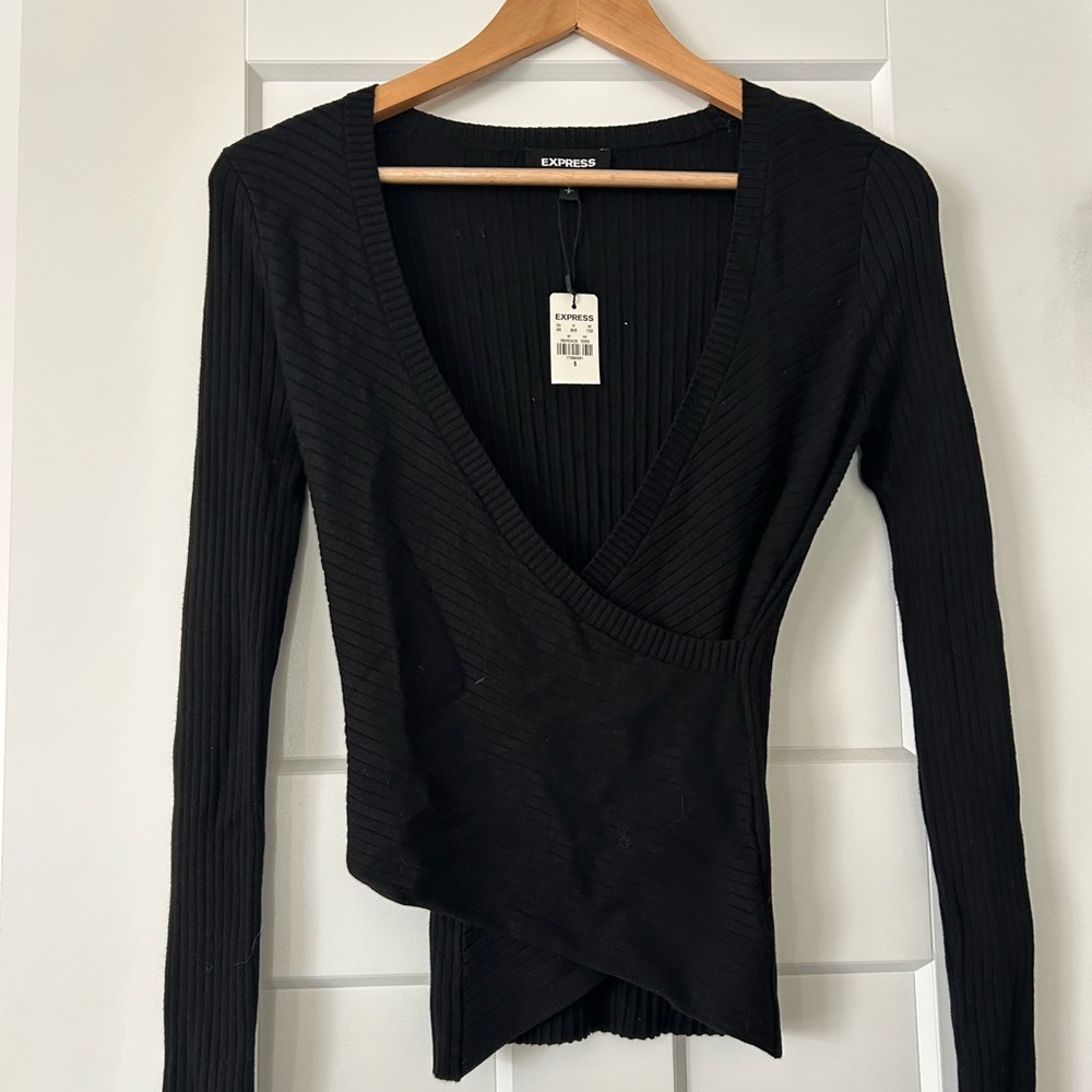 Express Black Asymmetrical Ribbed Top - Picture 2 of 6
